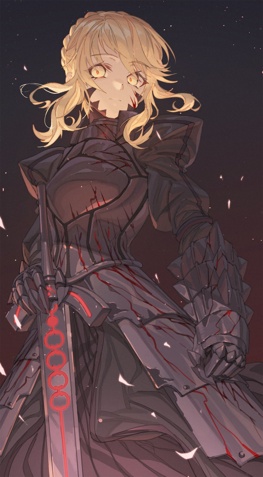 1girl armor armored_dress artoria_pendragon_(all) black_background blonde_hair braid breastplate commentary_request excalibur_morgan eyebrows_visible_through_hair eyes_visible_through_hair fate/stay_night fate_(series) gauntlets hair_bun highres hong looking_at_viewer saber_alter simple_background solo standing sword weapon yellow_eyes