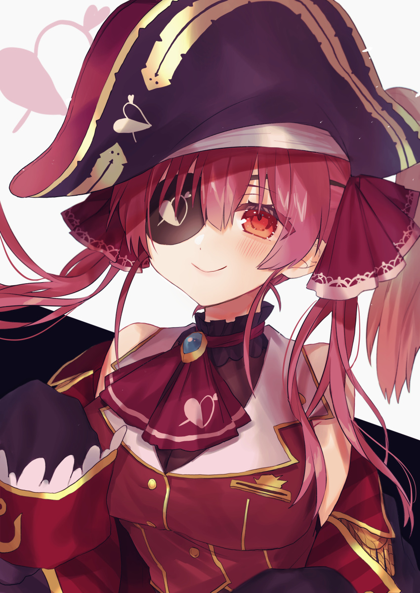 1girl absurdres arrow_through_heart ascot bangs bare_shoulders black_choker black_eyepatch blush breasts buttons choker closed_mouth commentary crop_top epaulettes eyepatch frilled_choker frills gold_trim hair_ribbon hat highres hololive houshou_marine large_breasts long_hair long_sleeves looking_at_viewer off_shoulder pirate_costume red_eyes red_neckwear red_ribbon red_shirt redhead ribbon shianoichi shirt simple_background sleeves_past_fingers sleeves_past_wrists smile solo twintails upper_body virtual_youtuber white_background