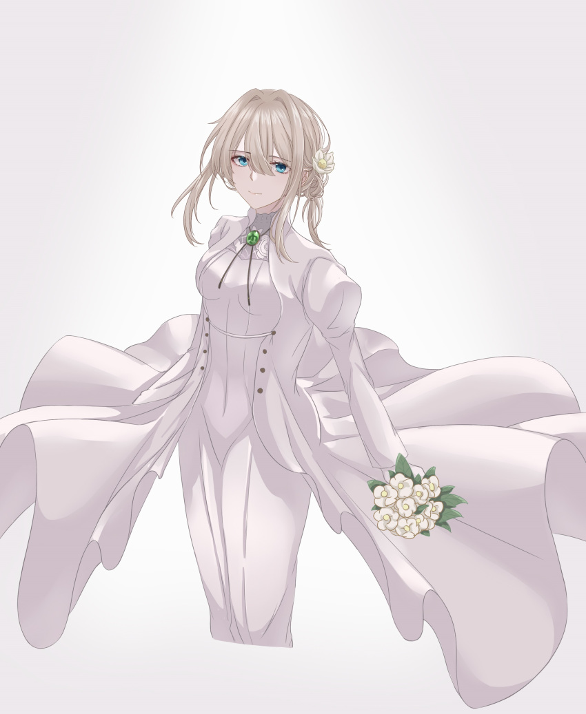 1girl absurdres blonde_hair blue_eyes bouquet brooch flower hair_flower hair_ornament highres holding holding_bouquet jacket jewelry light_smile long_sleeves looking_at_viewer pants philosophia simple_background solo violet_evergarden violet_evergarden_(character) white_background white_jacket white_pants