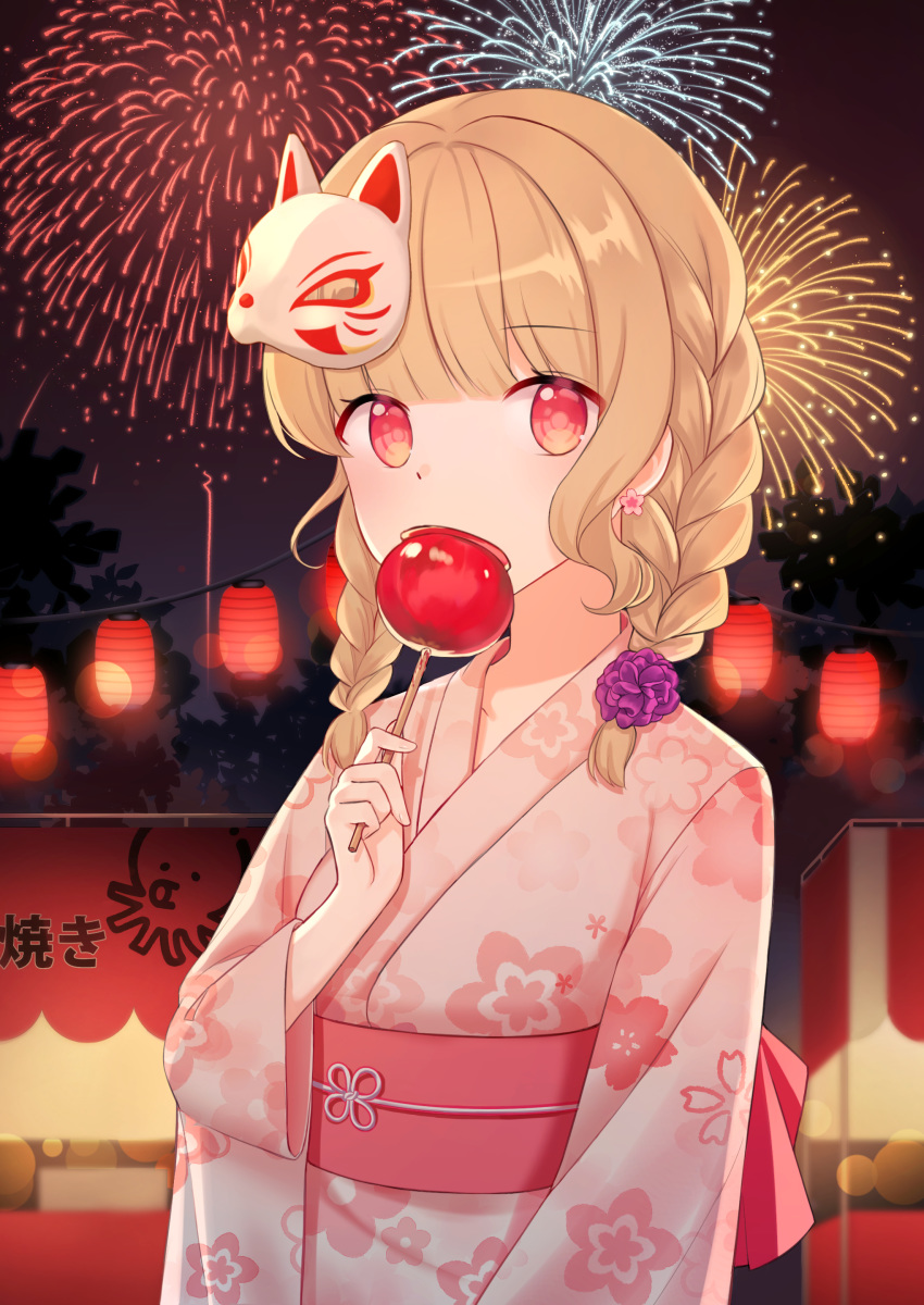 1girl absurdres arm_at_side bangs braid candy_apple commentary_request earrings fireworks floral_print flower flower_earrings flower_knot food hair_flower hair_ornament hand_up highres holding japanese_clothes jewelry kimono long_hair looking_at_viewer medium_hair night octopus_print original outdoors pink_eyes purple_flower shyaka solo standing summer_festival twin_braids upper_body yukata