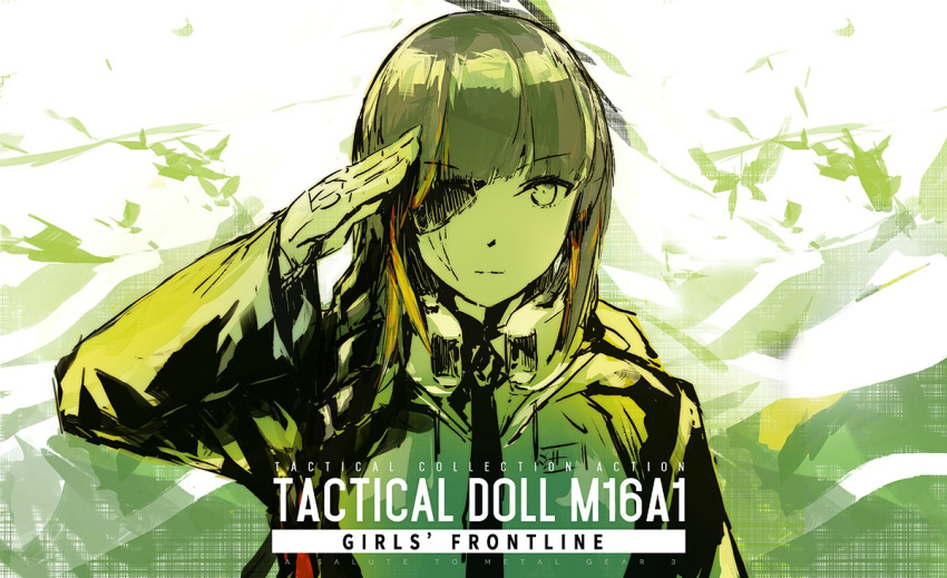 1girl bangs black_hair braid closed_mouth commentary_request english_text expressionless eyebrows_visible_through_hair eyepatch girls_frontline headphones headphones_around_neck jacket long_hair long_sleeves looking_at_viewer m16a1_(girls_frontline) metal_gear_(series) multicolored_hair necktie orange_hair parody salute scar scar_across_eye solo streaked_hair upper_body xanax025