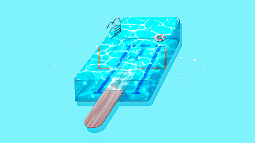 absurdres blue_background food highres innertube ladder no_humans original pool popsicle popsicle_stick solo summer tragic_vacance6 water