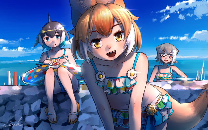 3girls :d animal_ears bangs bare_shoulders bikini blue_eyes blue_hair blue_sky clouds collarbone commentary common_dolphin_(kemono_friends) day dhole_(kemono_friends) dog_ears dog_tail eyebrows_visible_through_hair frilled_bikini frills glasses grey_hair innertube kemono_friends kemono_friends_3 leaning_forward looking_at_viewer meerkat_(kemono_friends) meerkat_ears multicolored_hair multiple_girls open_mouth orange_hair outdoors red_eyes sandals short_hair signature sitting sky smile swimsuit tail two-tone_hair welt_(kinsei_koutenkyoku) white_hair yellow_eyes