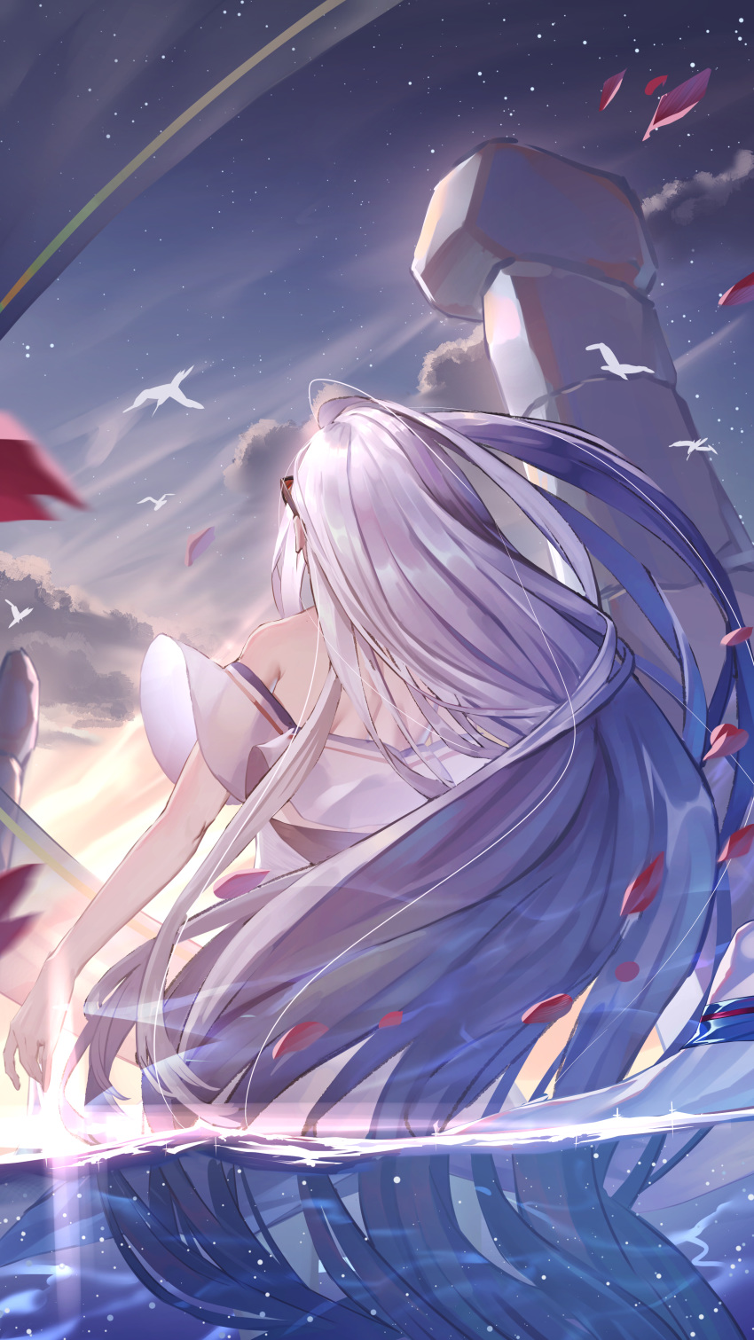 1girl absurdres arknights bare_shoulders chinese_commentary commentary_request from_behind highres long_hair night night_sky no_hat no_headwear outdoors silver_hair skadi_(arknights) sky solo star_(sky) starry_sky ten_no_hoshi very_long_hair water