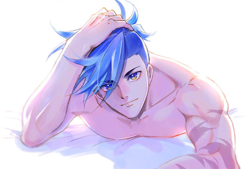 1boy bhh4321 blue_eyes blue_hair eyebrows_visible_through_hair galo_thymos looking_at_viewer lying on_bed on_stomach pov promare shirtless simple_background smile solo spiky_hair white_background