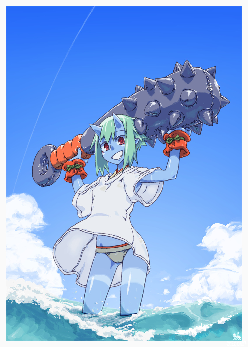 1girl 8noiltna :d absurdres bangs blue_skin blue_sky clouds club commentary condensation_trail day green_hair grin highres horns huge_weapon kanabou looking_at_viewer oni oni_horns open_mouth original outdoors pointy_ears red_eyes shochuumimai short_hair skin-covered_horns sky smile solo tan tanline wading water weapon