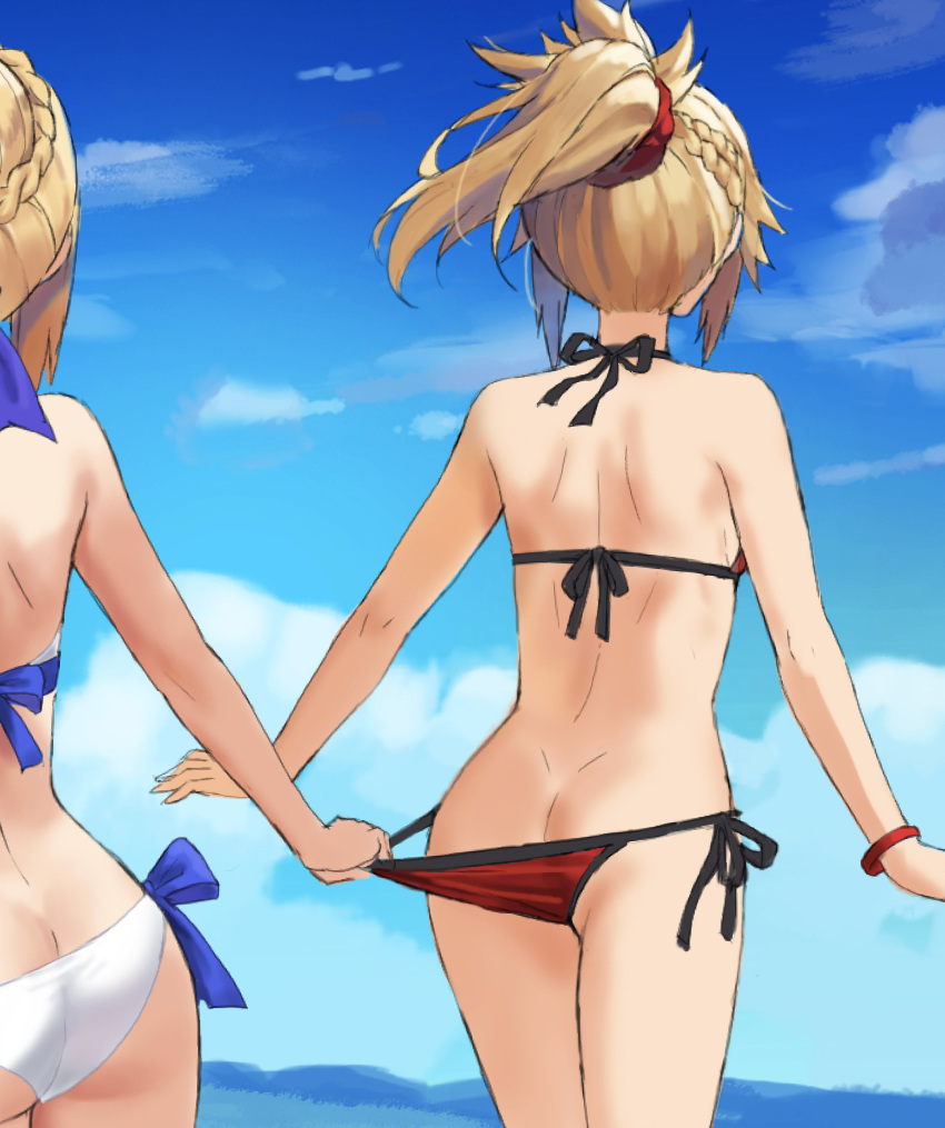 2girls absurdres artoria_pendragon_(all) ass back bare_shoulders bikini bikini_pull blonde_hair braid clouds day fate/grand_order fate_(series) hair_bun highres mordred_(fate) mordred_(fate)_(all) multiple_girls outdoors ponytail sky sleeveless swimsuit tonee