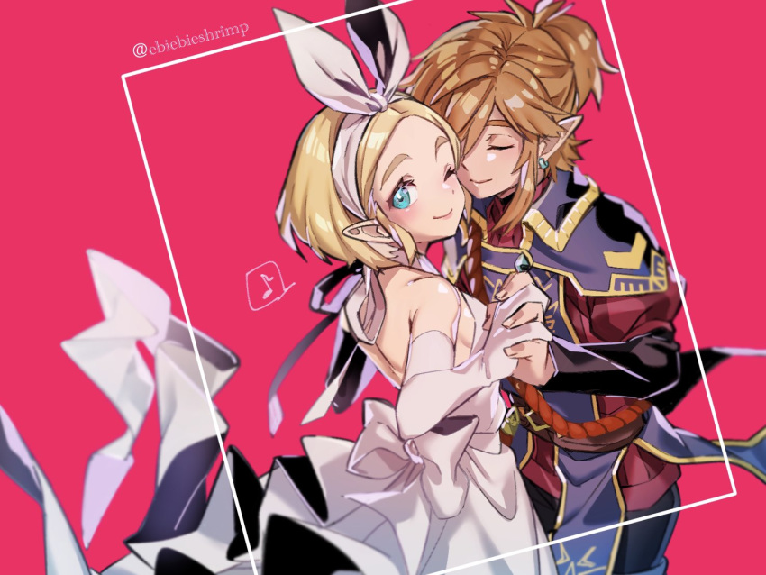 1boy 1girl artist_name backless_dress backless_outfit bare_shoulders blonde_hair blue_eyes breasts closed_eyes cowboy_shot dress ear_piercing elbow_gloves gloves link long_sleeves looking_at_viewer musical_note one_eye_closed piercing pointy_ears ponytail princess_zelda short_hair shuri_(84k) sideboob sleeveless smile speech_bubble standing the_legend_of_zelda the_legend_of_zelda:_breath_of_the_wild twitter_username watermark