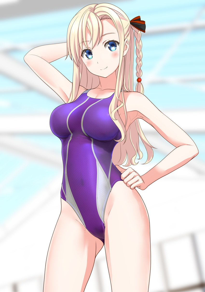 1girl absurdres ass_visible_through_thighs blonde_hair blue_eyes blurry braid breasts commentary_request competition_swimsuit contrapposto cowboy_shot depth_of_field hand_on_hip high_school_fleet highleg highleg_swimsuit highres indoors large_breasts long_hair looking_at_viewer one-piece_swimsuit purple_swimsuit single_braid solo standing swimsuit takafumi wilhelmina_braunschweig_ingenohl_friedeburg