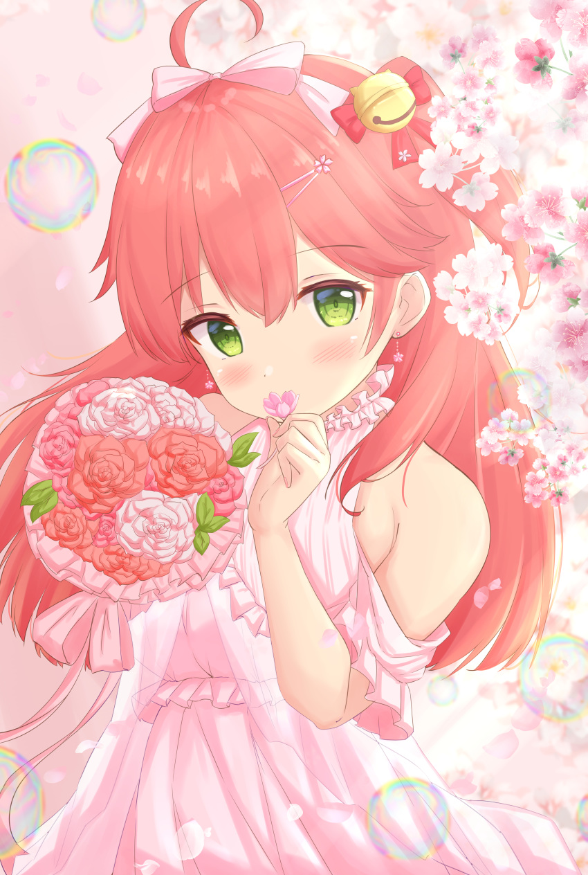 1girl absurdres ahoge alternate_costume bare_shoulders bell blush bouquet bubble dress eyebrows_visible_through_hair flower green_eyes hair_bell hair_ornament hairclip highres hololive huge_filesize kanti15 long_hair looking_at_viewer pink_dress pink_hair sakura_miko solo virtual_youtuber