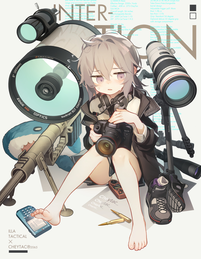 1girl absurdres barefoot blush bullet camera commentary_request english_text eyebrows_visible_through_hair feet girls_frontline grey_eyes grey_hair gun headphones highres holding holding_camera m200_(girls_frontline) open_mouth partial_commentary rifle scope shoes sitting sniper solo sweat tianliang_duohe_fangdongye tripod weapon