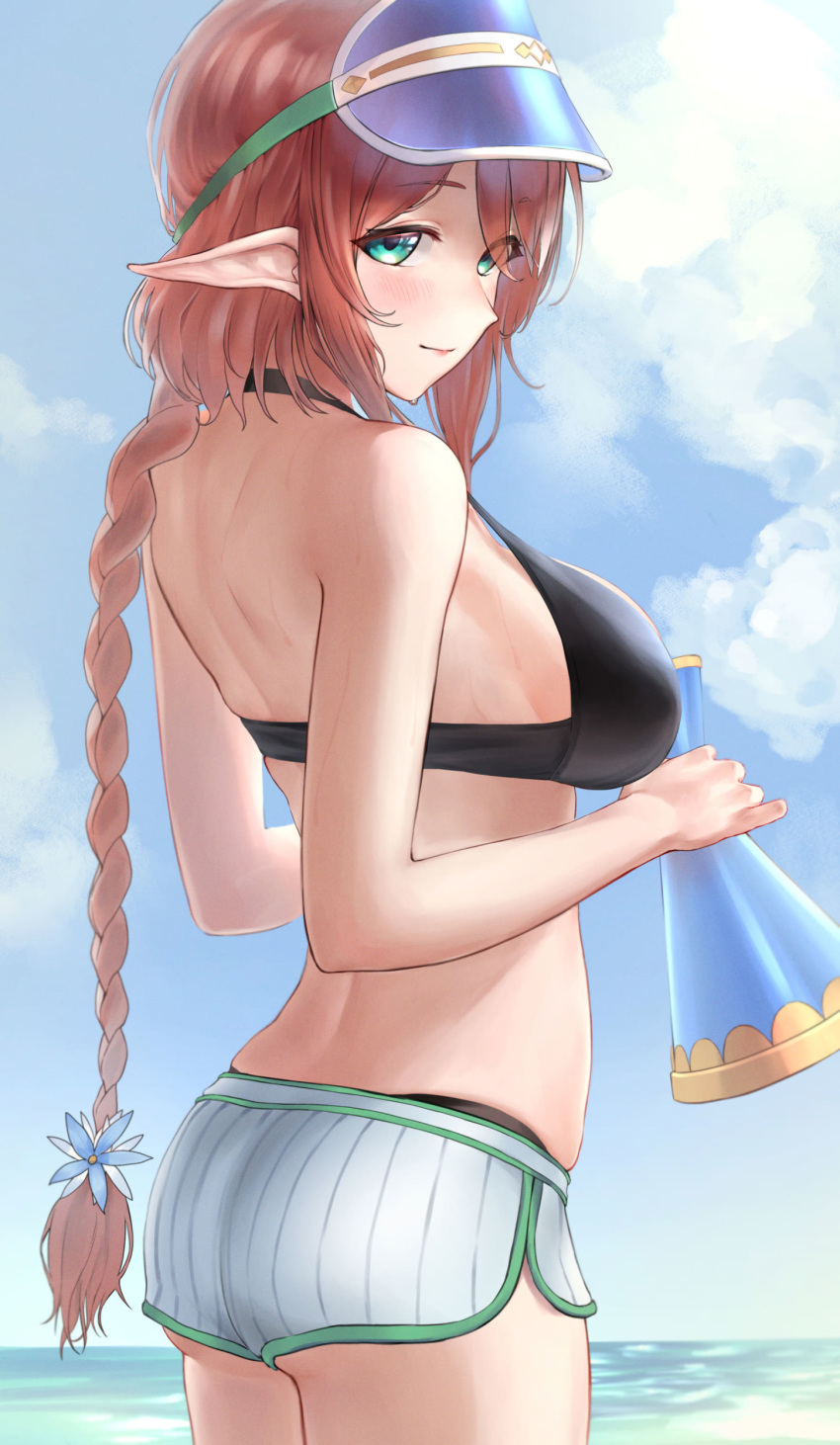 1girl absurdres aqua_eyes ass back bangs bare_shoulders beach blue_headwear blue_sky blush braid braided_ponytail breasts closed_mouth dolphin_shorts highres large_breasts long_hair looking_at_viewer looking_back misato_(princess_connect!) monegi ocean pointy_ears princess_connect! princess_connect!_re:dive redhead shorts sky smile thighs visor_cap white_shorts