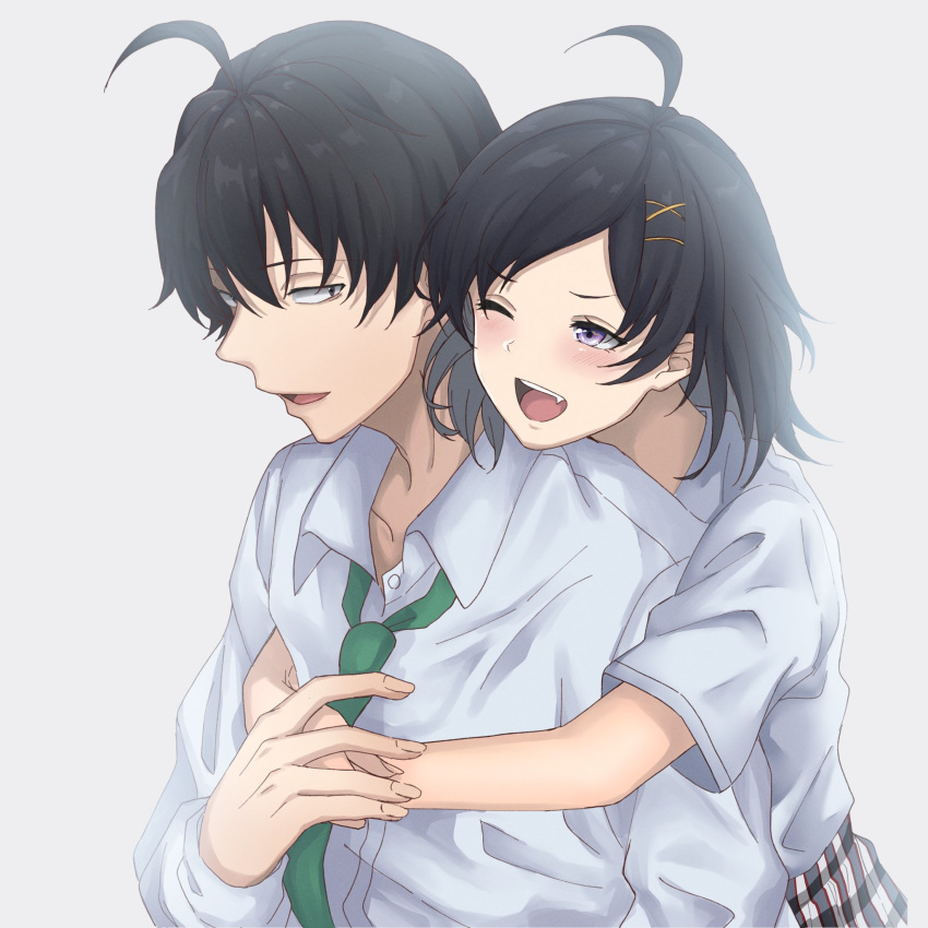 1boy 1girl :d ahoge bangs black_hair brother_and_sister collared_shirt dress_shirt fang green_neckwear hair_between_eyes hair_ornament highres hikigaya_hachiman hikigaya_komachi hug hug_from_behind lightpicture33 long_sleeves looking_back one_eye_closed open_mouth parted_bangs plaid plaid_skirt shirt short_sleeves siblings skirt smile violet_eyes white_background white_shirt x_hair_ornament yahari_ore_no_seishun_lovecome_wa_machigatteiru.