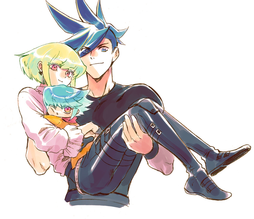 3boys aqua_eyes bangs bhh4321 blue_eyes blue_hair carrying copyright_name eyebrows_visible_through_hair family galo_thymos green_hair if_they_mated lio_fotia looking_at_viewer male_focus multiple_boys one_eye_closed princess_carry promare shoes simple_background sneakers violet_eyes white_background