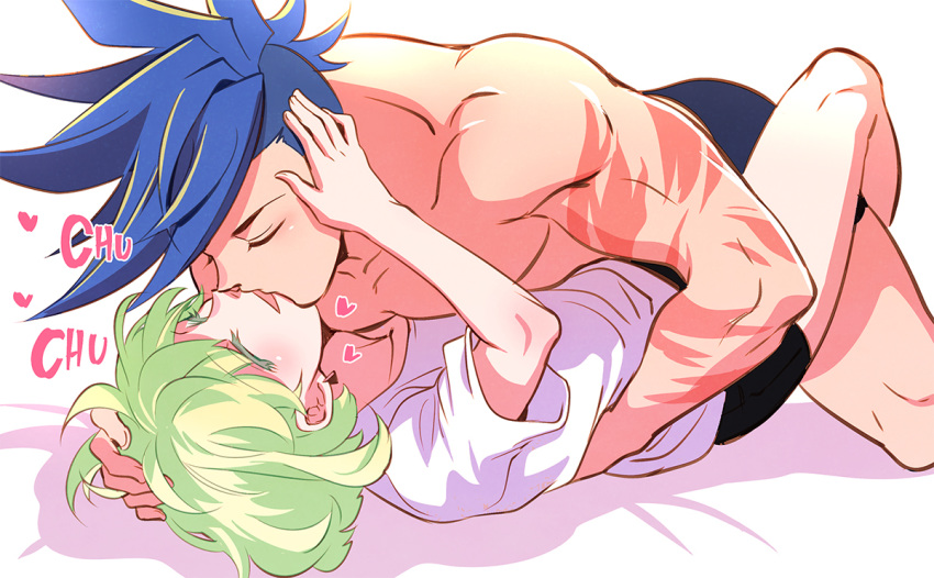 2boys bhh4321 blue_hair blush closed_eyes galo_thymos green_hair hair_grab heart lio_fotia multiple_boys on_bed onomatopoeia promare simple_background smile spiky_hair white_background yaoi