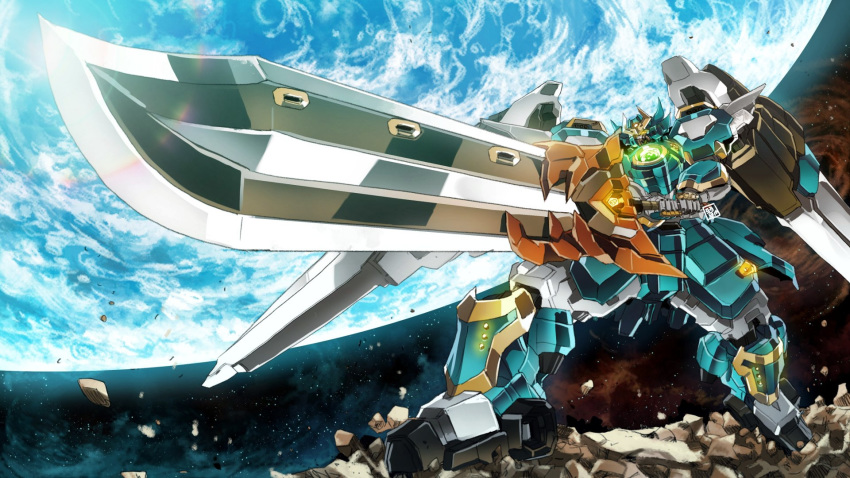 garimpeiro glowing glowing_eyes highres holding holding_sword holding_weapon mecha no_humans original planet solo space sunrise_stance sword v-fin weapon yellow_eyes