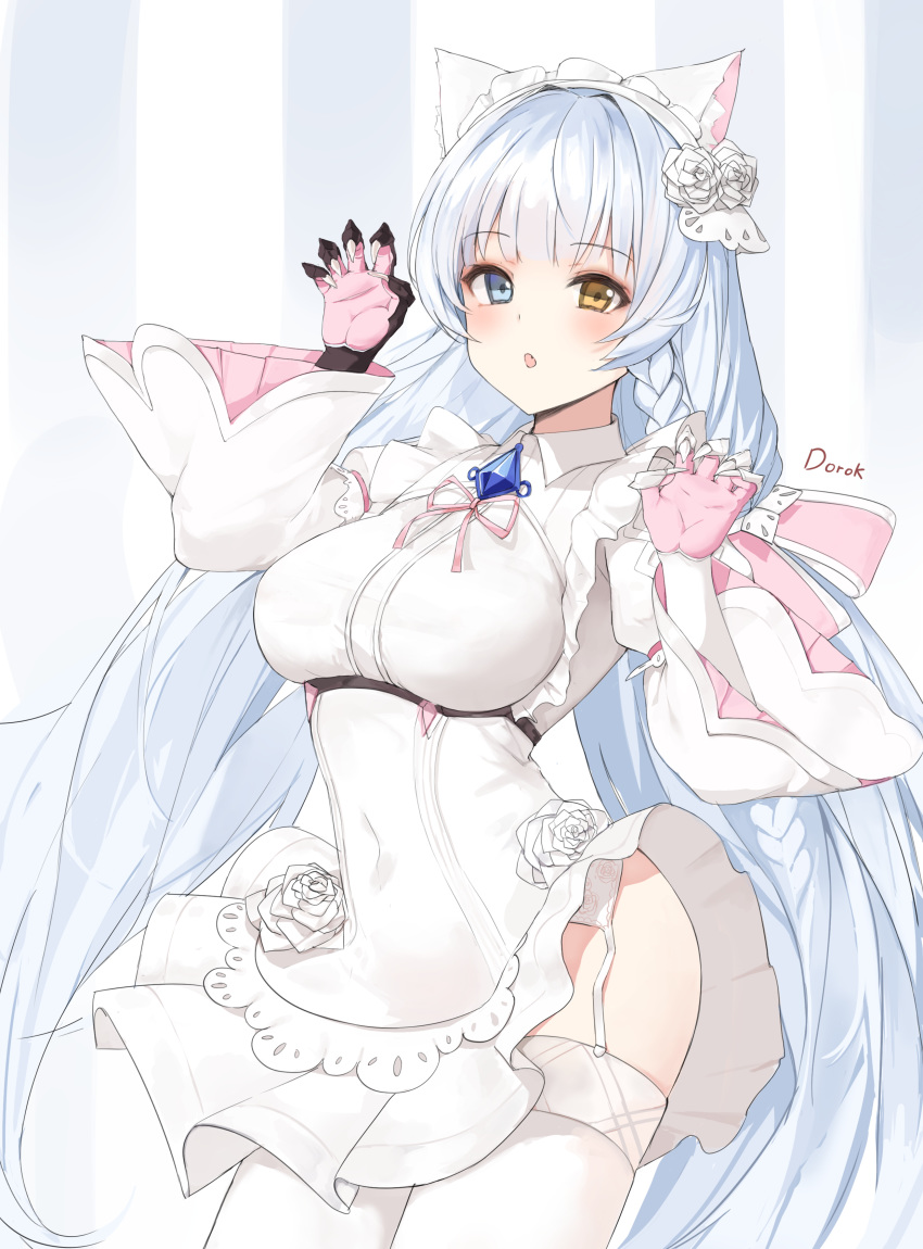 1girl absurdres animal_ears artist_name bangs blue_eyes blunt_bangs blush braid breasts brown_eyes cat_ears cat_girl commentary_request cs_perrault dorok dress dress_lift eyebrows_visible_through_hair flower garter_straps gem hair_flower hair_ornament hands_up heterochromia highres juliet_sleeves large_breasts last_origin long_hair long_sleeves looking_at_viewer maid_headdress open_mouth paw_pose puffy_sleeves rose solo striped striped_background thigh-highs very_long_hair white_dress white_flower white_legwear white_rose wind wind_lift yellow_eyes