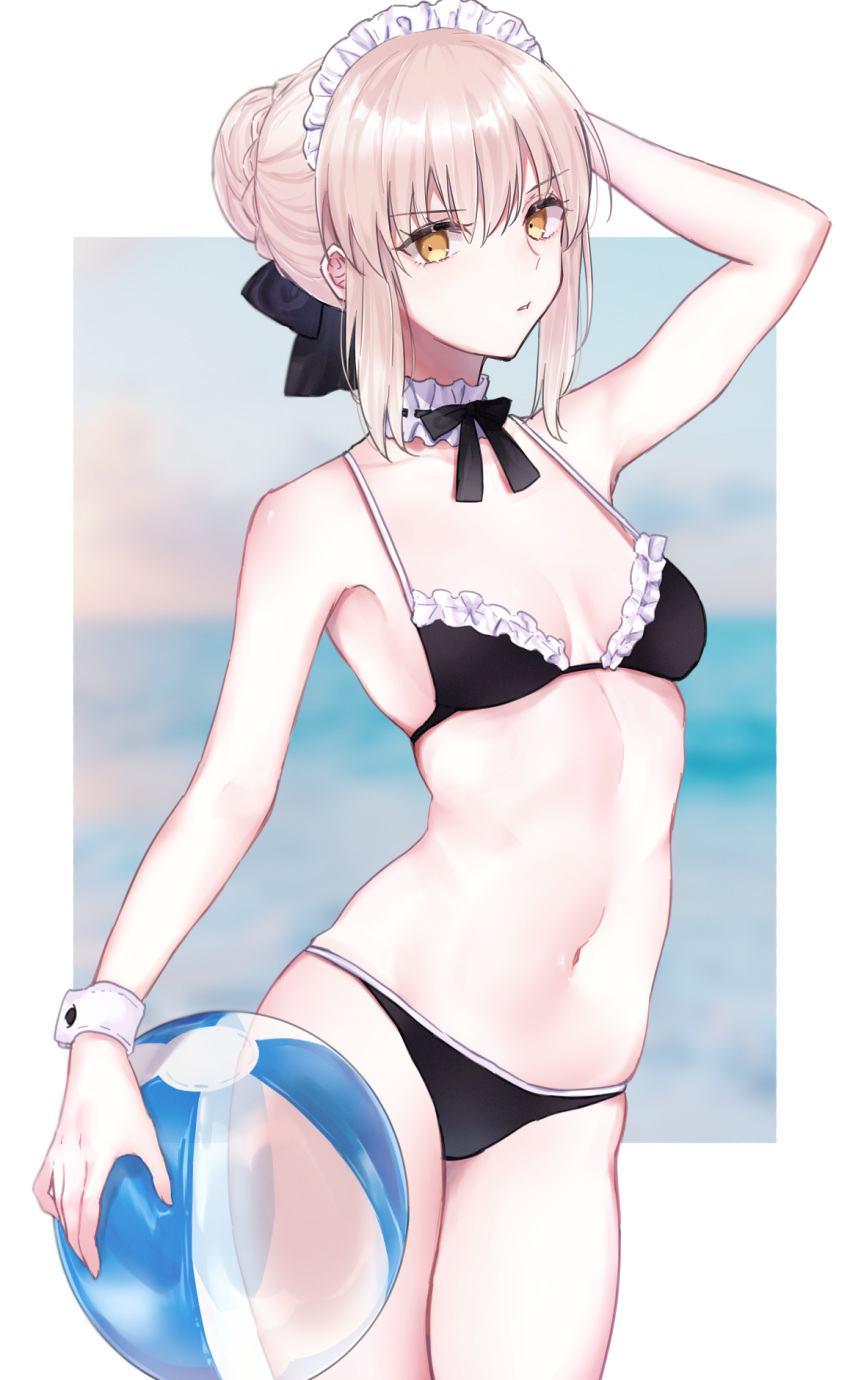 1girl artoria_pendragon_(all) artoria_pendragon_(swimsuit_rider_alter) ball bare_shoulders beachball black_bow black_swimsuit blonde_hair bow breasts eyebrows_visible_through_hair fate/grand_order fate_(series) hair_bow highres medium_breasts meltymaple navel saber_alter short_hair sidelocks solo swimsuit wrist_cuffs yellow_eyes