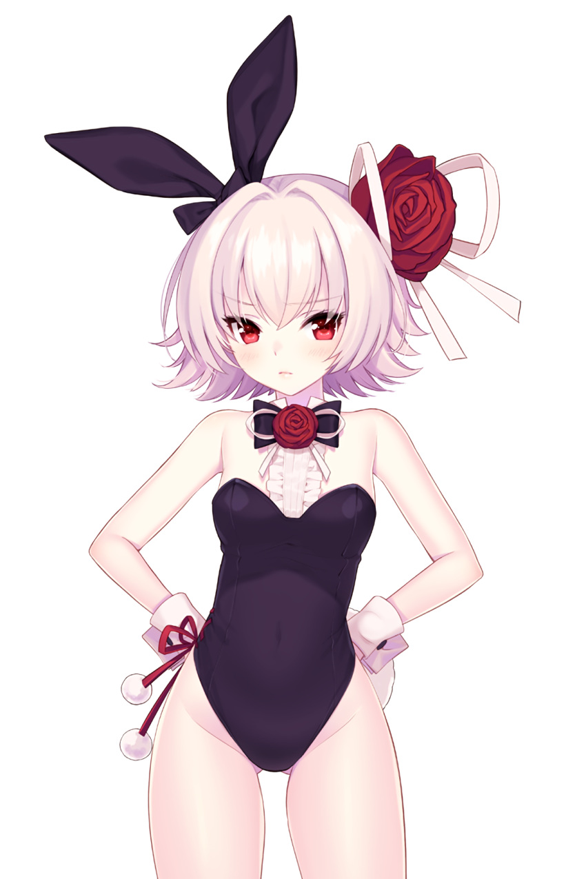 1girl animal_ears ass_visible_through_thighs bare_shoulders black_leotard black_ribbon breasts bunny_girl bunnysuit embarrassed eve_(soccer_spirits) flower hair_flower hair_ornament hands_on_hips highres leotard looking_at_viewer official_art pink_hair rabbit_ears red_eyes red_flower red_rose resized ribbon rose shirahane_nao short_hair side-tie_leotard small_breasts soccer_spirits upscaled