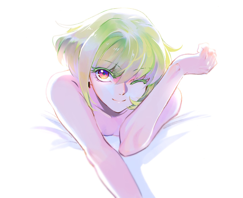 1boy bhh4321 eyebrows_visible_through_hair green_hair lio_fotia looking_at_viewer lying on_bed on_stomach one_eye_closed pov promare shirtless simple_background smile solo violet_eyes white_background