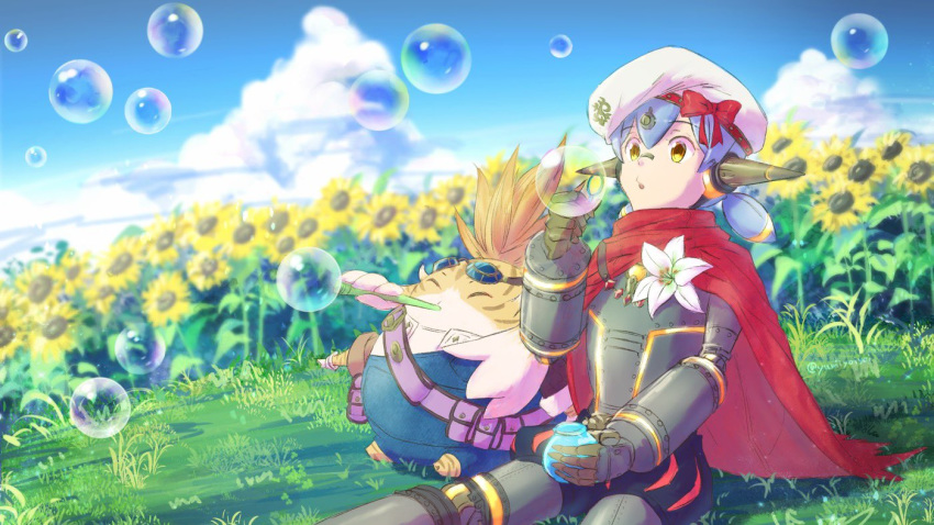 android blue_sky bubble bubble_blowing cape clouds day flower goggles goggles_on_head hana_js hat joints meadow nopon outdoors purple_hair red_cape robot_joints short_hair sitting sky sunflower tora_(xenoblade) twintails white_flower xenoblade_(series) xenoblade_2 yellow_eyes yumiyoiyoi