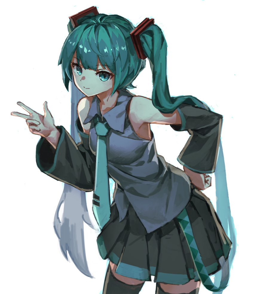 1girl ahoge aqua_eyes aqua_hair bangs bare_shoulders black_legwear blue_eyes blue_hair breasts collared_shirt commentary_request detached_sleeves eyebrows_visible_through_hair hair_ornament hand_on_hip hatsune_miku highres leaning_forward long_hair looking_at_viewer necktie shirt simple_background skirt small_breasts smile solo thigh-highs twintails v very_long_hair vocaloid white_background yanyan_(shinken_gomi) zettai_ryouiki