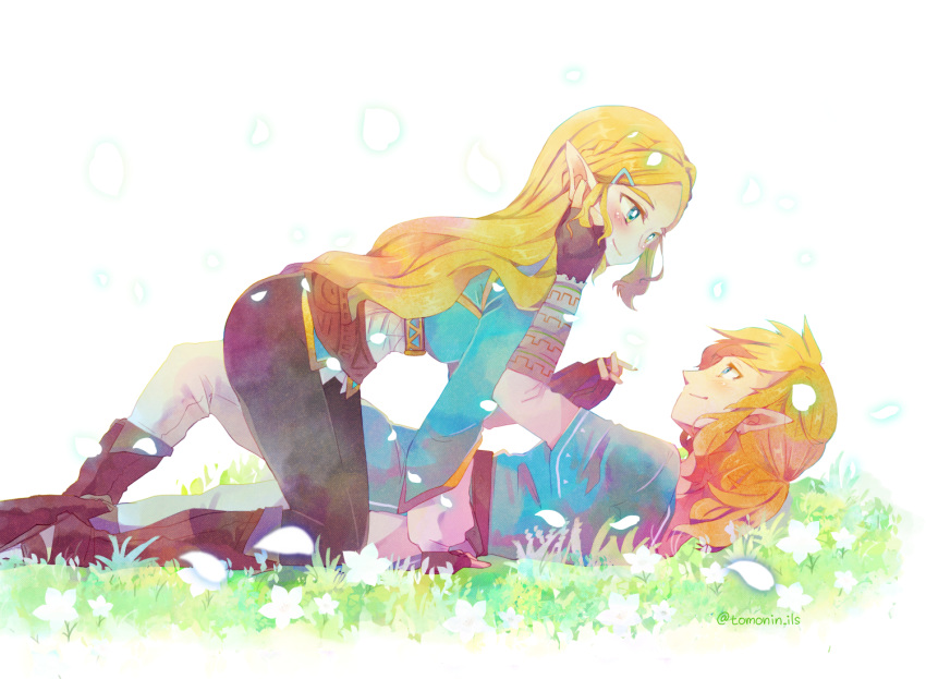 1boy 1girl black_pants blonde_hair blush boots couple earrings fingerless_gloves gloves grass jewelry link long_hair pants petals pointy_ears ponytail princess_zelda smile the_legend_of_zelda the_legend_of_zelda:_breath_of_the_wild tight tight_pants tomoki_(tomonin)