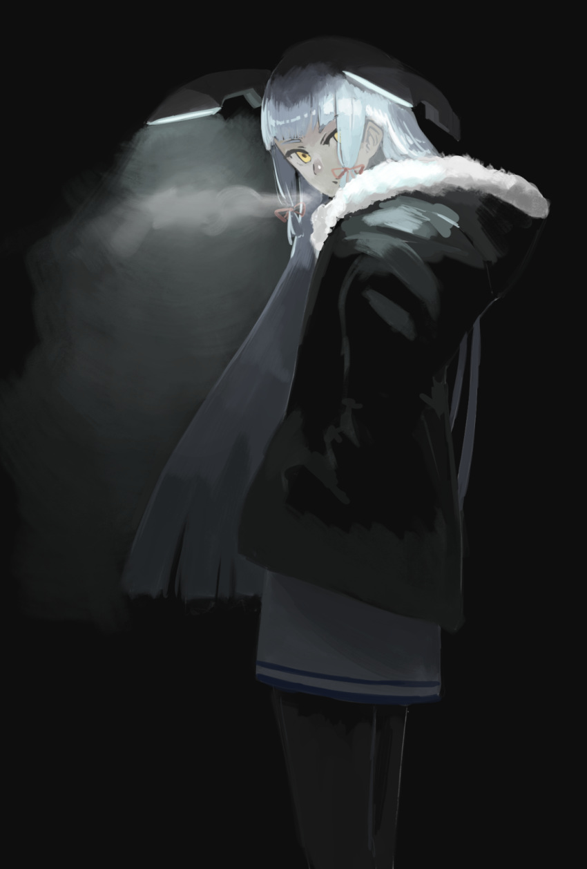 1girl bangs blunt_bangs breath coat dress epitaph_(1122) floating_headgear fur_trim highres kantai_collection light long_hair looking_at_viewer murakumo_(kantai_collection) necktie sailor_collar sailor_dress sidelocks silver_hair solo very_long_hair winter_clothes winter_coat yellow_eyes
