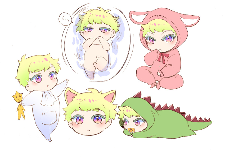 1boy animal_costume animal_ears baby bhh4321 blush bunny_costume cat_ears cosplay costume dinosaur_costume dinosaur_tail doll eyebrows_visible_through_hair green_hair kigurumi lio_fotia navel nude onesie pacifier promare simple_background solo tail violet_eyes white_background younger