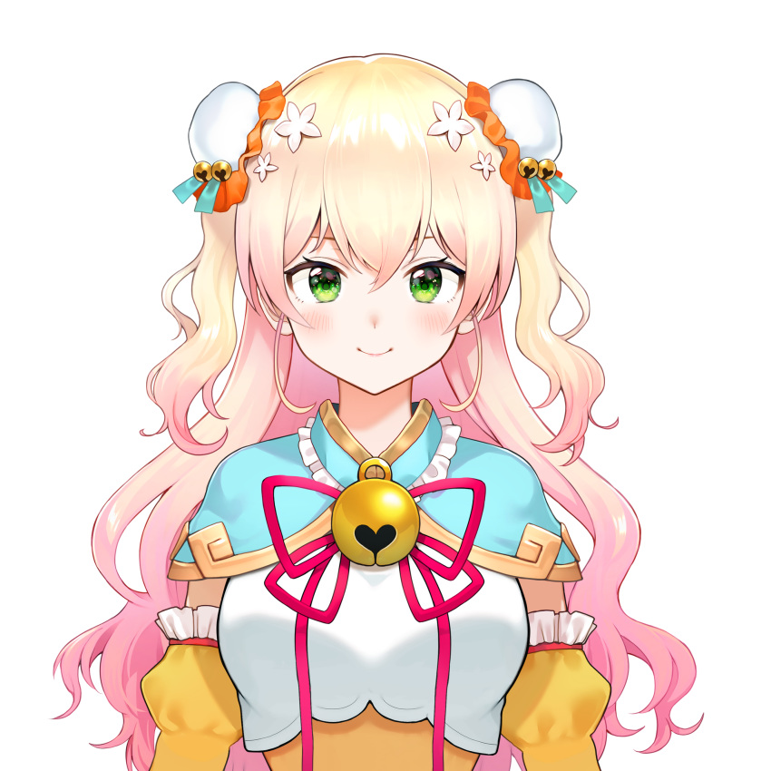 1girl bell blonde_hair blue_capelet blush bun_cover capelet closed_mouth detached_sleeves double_bun gradient_hair green_eyes hair_bell hair_ornament heart highres hololive jingle_bell juliet_sleeves long_sleeves looking_at_viewer momosuzu_nene multicolored_hair neck_bell nishizawa official_art pink_hair puffy_sleeves smile solo transparent_background two_side_up upper_body virtual_youtuber