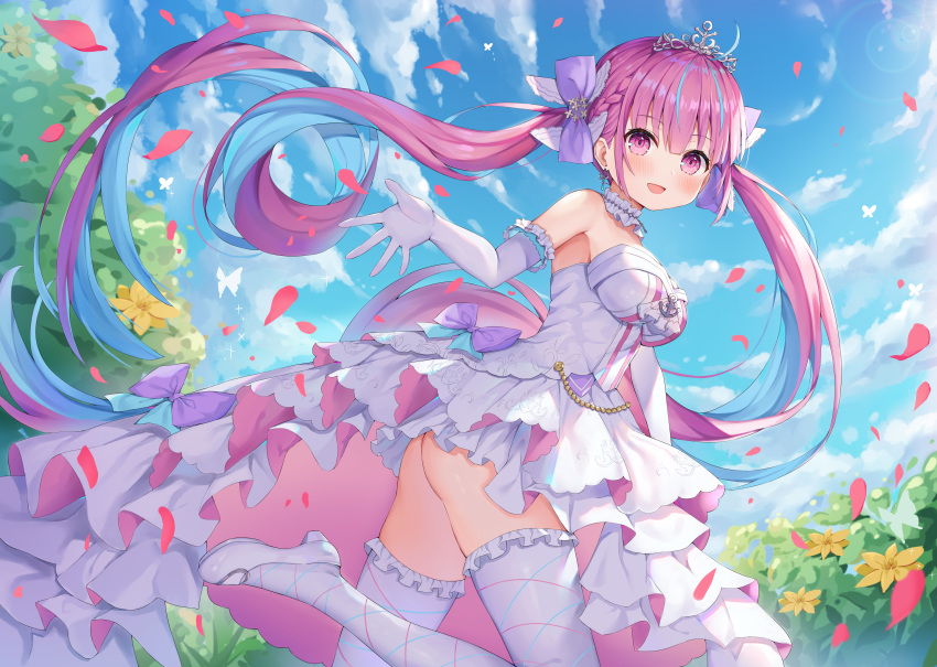 1girl :d absurdres ahoge ass bangs bare_shoulders blue_hair blue_sky blush bow braid breasts bug butterfly choker clouds colored_inner_hair day dress earrings elbow_gloves eyebrows_visible_through_hair flower frilled_dress frilled_gloves frilled_legwear frills gloves hair_bow hair_ribbon highres hokori_sakuni hololive insect jewelry large_breasts leg_up long_dress long_hair looking_at_viewer minato_aqua multicolored_hair open_mouth outdoors petals purple_hair purple_ribbon ribbon shoes sidelocks sky sleeveless sleeveless_dress smile solo strapless strapless_dress streaked_hair thigh-highs tiara twintails two-tone_hair very_long_hair violet_eyes virtual_youtuber white_dress white_footwear white_gloves white_legwear