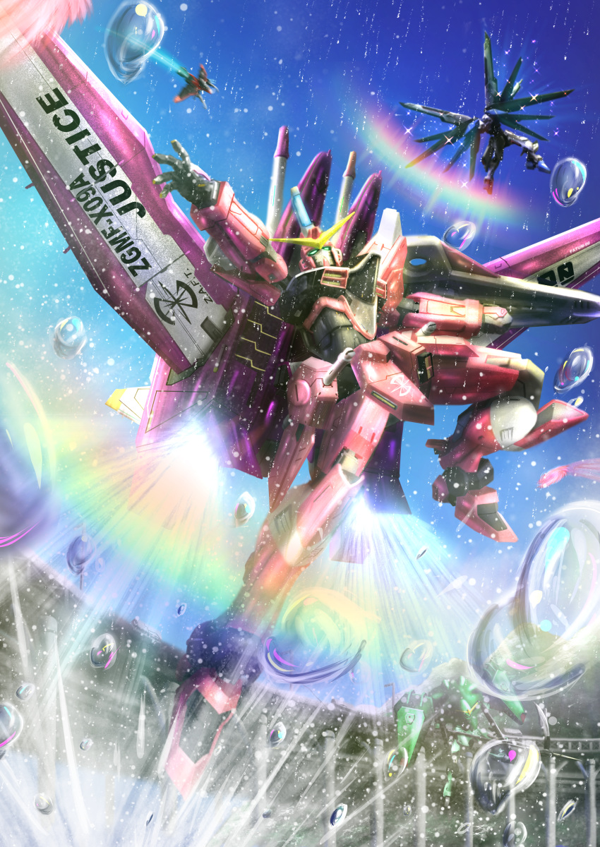 absurdres character_name clenched_hand flying freedom_gundam green_eyes gundam gundam_seed highres huge_filesize justice_gundam leg_up looking_up mecha mechanical_wings no_humans open_hand propro13 solo_focus v-fin wings
