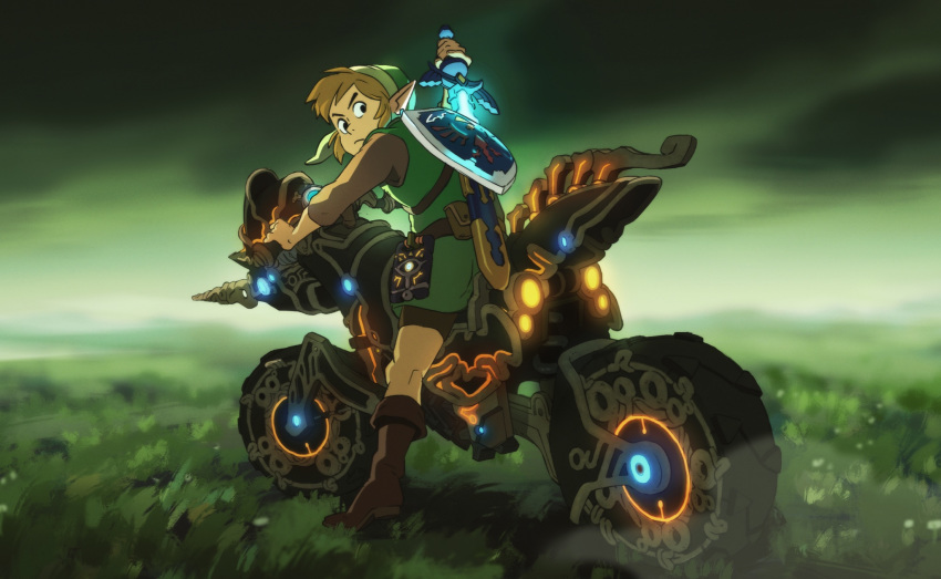 1boy boots charles_hilton glowing glowing_sword glowing_weapon grass ground_vehicle hat highres link looking_back master_cycle master_sword motor_vehicle motorcycle pointy_ears scabbard serious sheath sheikah_slate shield shorts solo strap the_legend_of_zelda the_legend_of_zelda:_breath_of_the_wild unsheathing weapon weapon_on_back