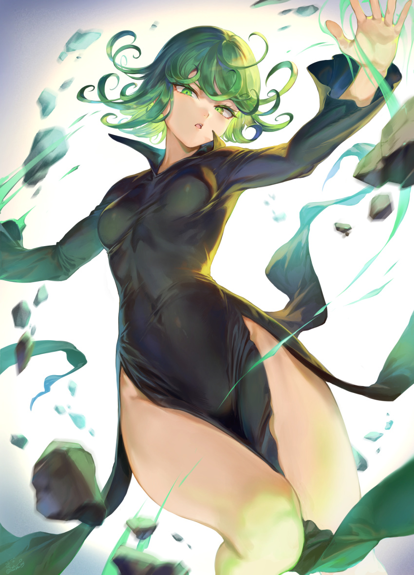 1girl black_dress blush breasts curly_hair dress green_eyes green_hair highres long_hair long_sleeves looking_at_viewer mashuu_(neko_no_oyashiro) one-punch_man open_mouth side_slit tatsumaki