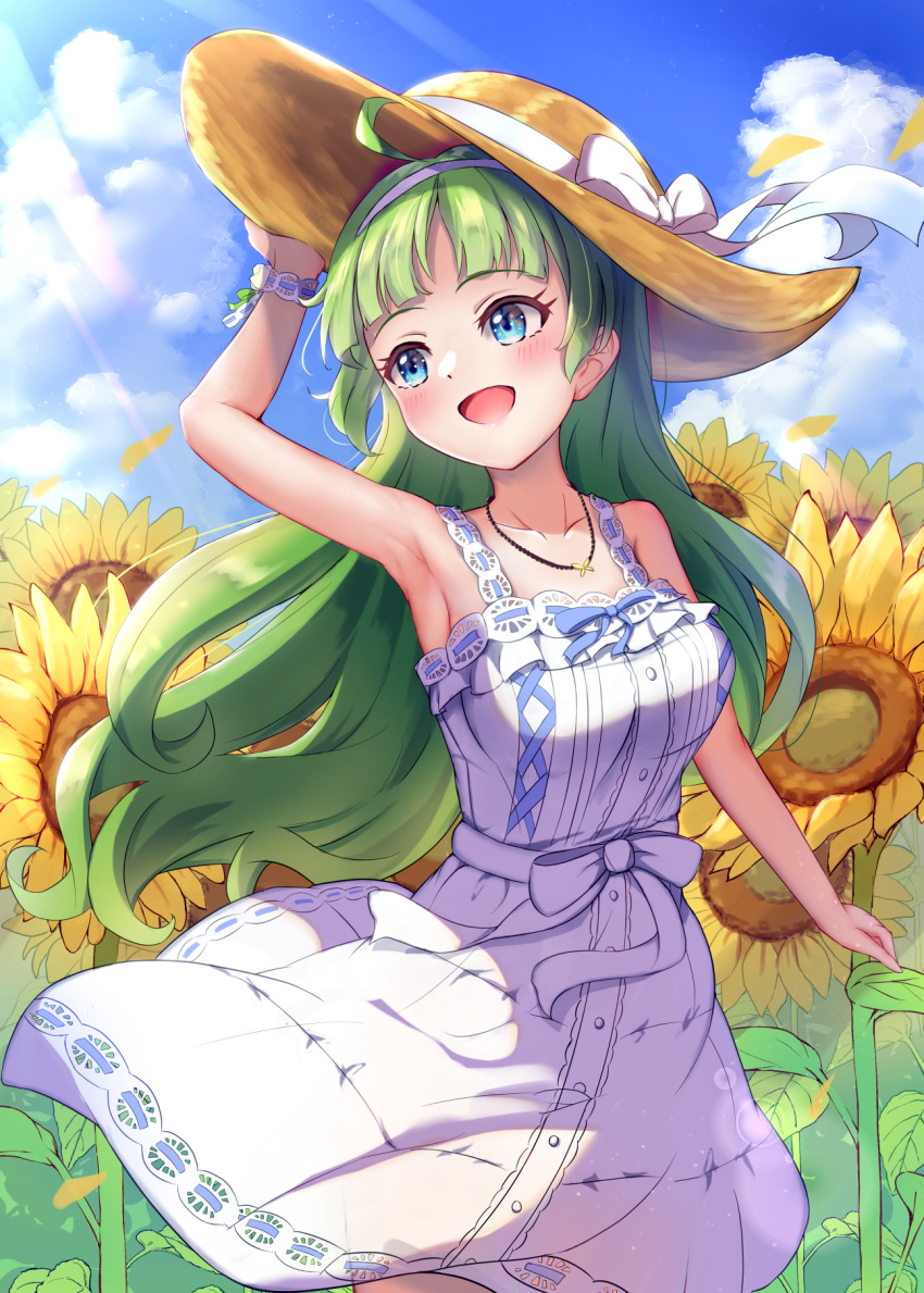 1girl :d ahoge aqua_eyes bangs blue_sky blunt_bangs bracelet clouds commentary_request day dress flower green_hair hairband hand_on_headwear hat hat_ribbon highres idolmaster idolmaster_million_live! idolmaster_million_live!_theater_days jewelry leaf long_hair open_mouth outdoors petals ribbon shimabara_elena sky smile solo summer sun_hat sundress sunflower sunlight tudon_(donut) white_dress