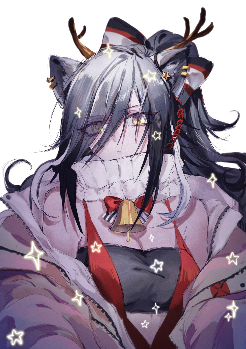 1girl absurdres alternate_costume animal_ears antlers arknights bandeau bangs bare_shoulders bell bow cat_ears commentary eyebrows_visible_through_hair eyes_visible_through_hair fake_antlers hair_bow hair_over_one_eye heique highres long_hair looking_at_viewer off_shoulder scarf schwarz_(arknights) silver_hair simple_background solo upper_body white_background white_scarf yellow_eyes