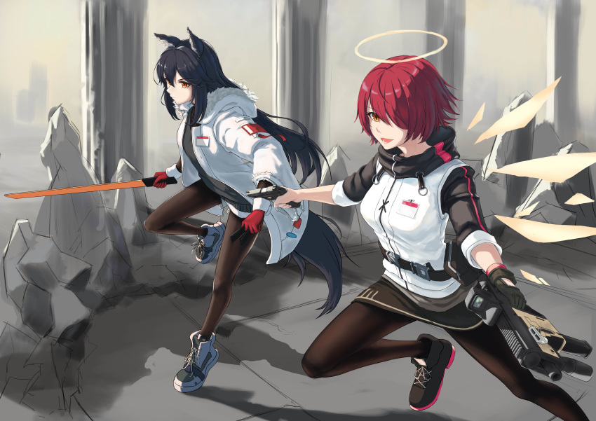 2girls :d absurdres alternate_costume animal_ears arknights bangs belt black_belt black_footwear black_gloves black_hair black_legwear black_skirt breasts brown_eyes commentary dual_wielding exusiai_(arknights) gloves gun hair_over_one_eye halo handgun highres holding holding_gun holding_sword holding_weapon jacket kriss_vector ky_(sean12304) long_hair long_sleeves medium_breasts miniskirt multiple_girls open_mouth pantyhose pistol raglan_sleeves red_gloves redhead shoes short_hair short_sleeves single_glove skirt smile sneakers submachine_gun sword texas_(arknights) weapon white_jacket wide_sleeves wolf_ears