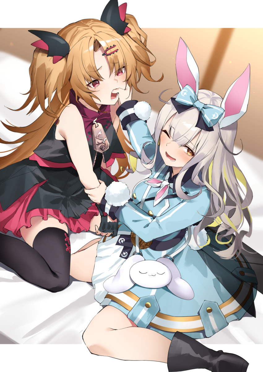 2girls ;d akatsuki_uni animal_bag animal_ears bag bangs bare_arms bare_shoulders bed_sheet black_dress black_footwear black_legwear blue_bow blue_dress blurry blurry_background blush boots bow breasts brown_eyes brown_hair commentary_request crossover depth_of_field dress eyebrows_visible_through_hair finger_in_another's_mouth frilled_dress frills grey_hair hair_between_eyes hair_bow hair_ornament hairclip highres indie_virtual_youtuber long_hair medium_breasts mochizuki_himari multiple_girls one_eye_closed open_mouth parted_bangs rabbit_ears red_eyes shoulder_bag sitting sleeveless sleeveless_dress smile thigh-highs two_side_up uni_channel very_long_hair virtual_youtuber wariza yuuuuu