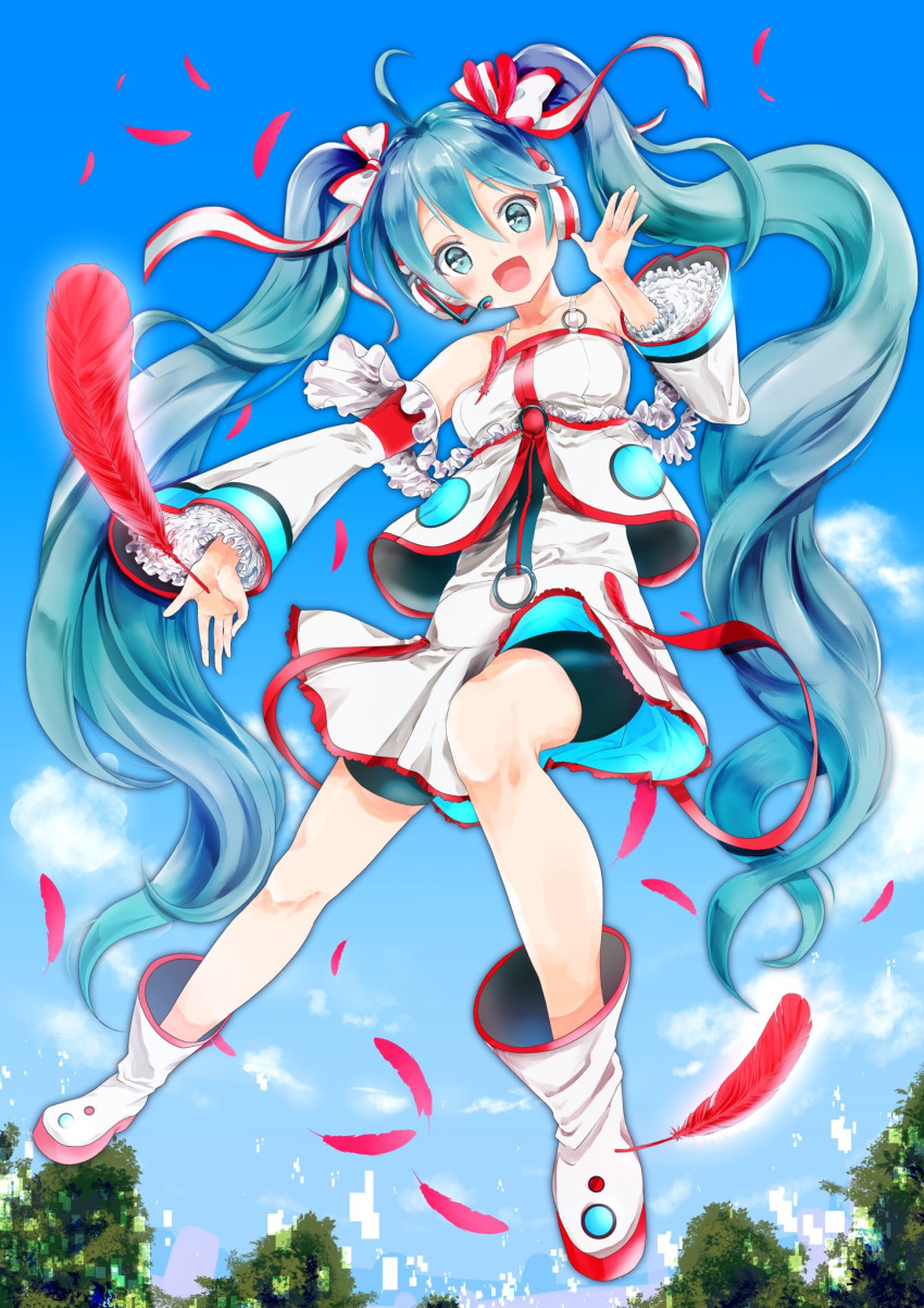 1girl aqua_eyes aqua_hair bare_shoulders bike_shorts blue_sky boots commentary_request detached_sleeves digital_dissolve dress falling_feathers feathers floating frilled_dress frilled_sleeves frills full_body hatsune_miku headphones headset highres long_hair looking_at_viewer open_mouth outdoors red_feathers shouga_(syouronron) sky smile solo tree twintails very_long_hair vocaloid waving white_dress white_footwear white_sleeves