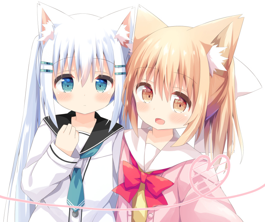 2girls :d absurdres animal_ear_fluff animal_ears bangs black_sailor_collar blush bow brown_eyes closed_mouth commentary_request eyebrows_visible_through_hair green_eyes hair_between_eyes hair_bow hand_up heart highres jacket light_brown_hair long_sleeves looking_at_viewer miike-chan multiple_girls nakkar open_clothes open_jacket open_mouth original pink_jacket ponytail reaching_out sailor_collar school_uniform self_shot serafuku shirt sidelocks silver_hair simple_background sleeves_past_wrists smile twintails umimachi_misaki upper_body white_background white_bow white_sailor_collar white_shirt yellow_shirt