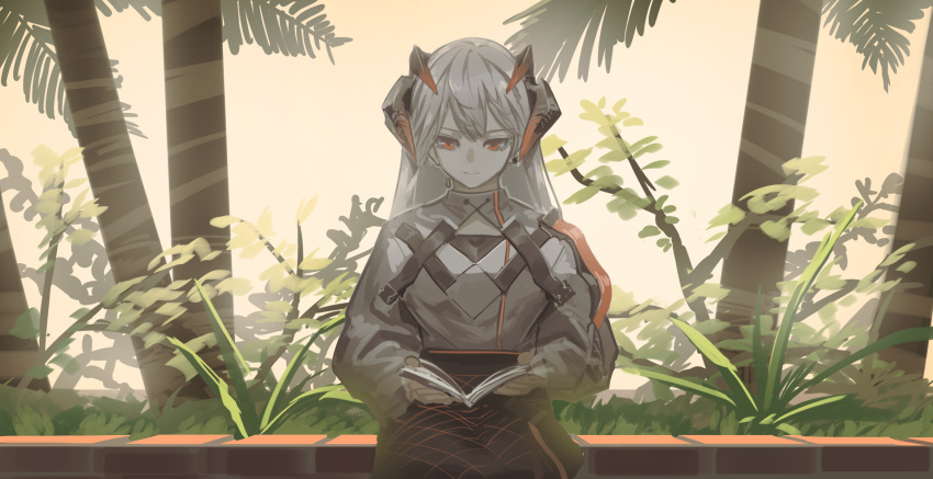 1girl arknights bangs black_skirt book closed_mouth commentary_request curled_horns eyebrows_visible_through_hair fixro2n highres holding holding_book horns jacket light_smile long_hair long_sleeves open_book palm_tree plant puffy_long_sleeves puffy_sleeves reading red_eyes saria_(arknights) silver_hair sitting skirt solo tree white_jacket