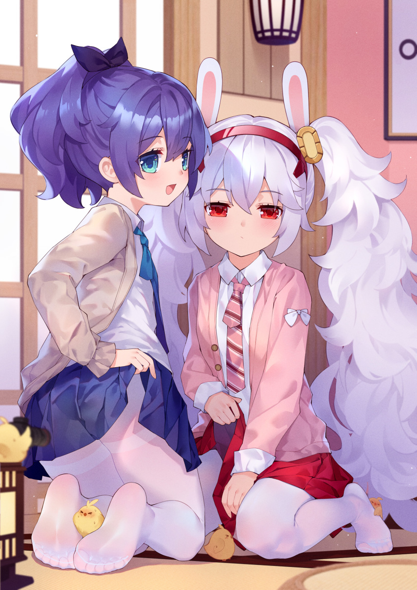 2girls :d absurdres animal animal_ears ass azur_lane bangs bird black_ribbon blue_neckwear blush breasts chick closed_mouth collared_shirt commentary_request dress_shirt expressions eyebrows_visible_through_hair eyelashes fake_animal_ears feet from_behind green_eyes hair_between_eyes hair_ornament hair_ribbon hairband high_ponytail highres indoors jacket javelin_(azur_lane) kneeling laffey_(azur_lane) lantern lifted_by_self long_hair long_sleeves looking_at_viewer looking_back manjuu_(azur_lane) miniskirt multiple_girls necktie no_shoes on_floor open_mouth pantyhose paper_lantern pink_jacket pink_neckwear pleated_skirt purple_hair rabbit_ears red_eyes red_hairband red_skirt ribbon school_uniform see-through seiza shirt short_hair sidelocks silver_hair sitting skirt skirt_lift smile soles striped striped_neckwear thighband_pantyhose thighs toes tsubasa_tsubasa twintails very_long_hair white_hair white_legwear white_shirt wing_collar