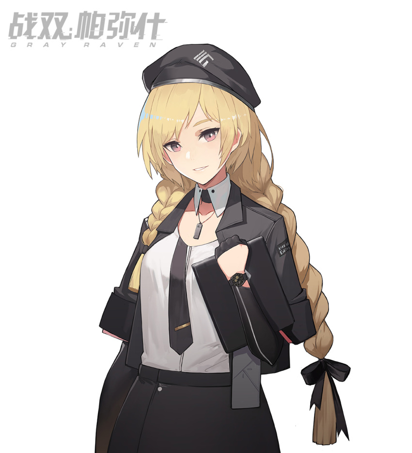 1girl black_headwear black_neckwear black_ribbon black_skirt blonde_hair braid character_request clipboard copyright_name cowboy_shot hair_ribbon hat highres holding jewelry logo long_hair looking_at_viewer necklace necktie pandea_work parted_lips pink_eyes punishing:_gray_raven ribbon shirt simple_background skirt smile solo tress_ribbon twin_braids very_long_hair watch watch white_background white_shirt