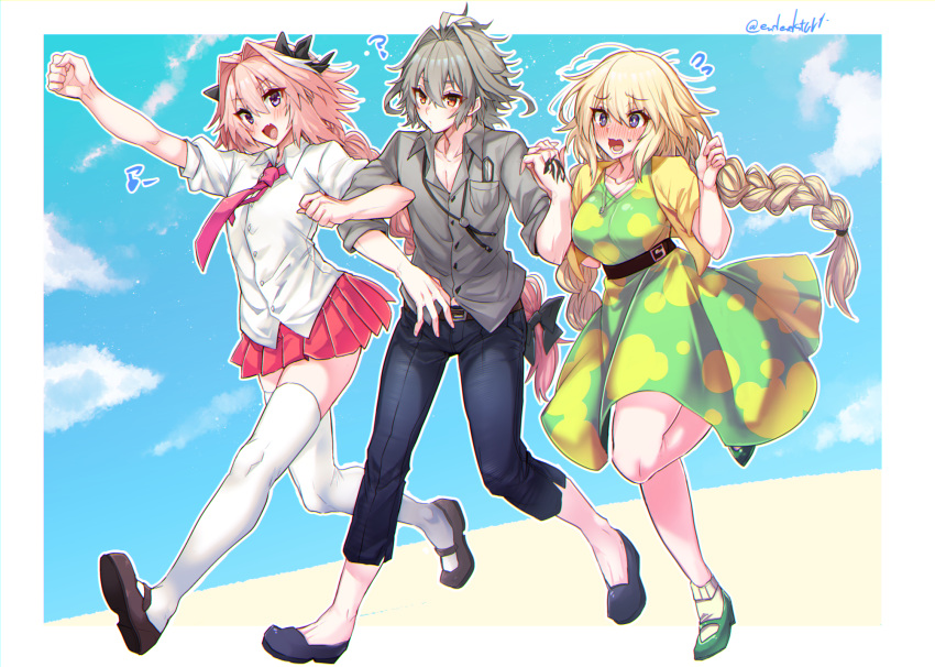 1girl 2boys ? artist_name astolfo_(fate) belt belt_buckle blonde_hair blush braid breasts buckle clouds collarbone commentary_request dress eyebrows_visible_through_hair eyes_visible_through_hair fate/apocrypha fate/grand_order fate_(series) flying_sweatdrops full_body grey_hair hair_between_eyes haoro highlights highres holding_hands jeanne_d'arc_(fate) jeanne_d'arc_(fate)_(all) jewelry large_breasts locked_arms long_hair looking_at_another looking_at_viewer multicolored_hair multiple_boys musical_note necklace necktie open_mouth otoko_no_ko pants pink_hair shoes short_sleeves sieg_(fate/apocrypha) skirt sky standing teeth thigh-highs tongue twin_braids twitter_username two-tone_hair violet_eyes watermark white_hair zettai_ryouiki