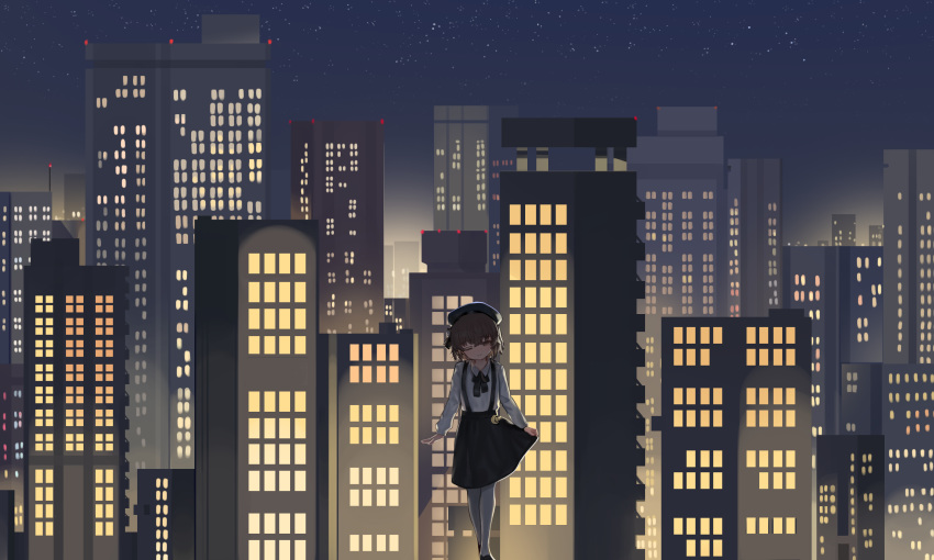 1girl ;) bangs beret black_bow black_footwear black_headwear black_skirt blush bow brown_eyes brown_hair building cityscape closed_mouth collared_shirt commentary_request dokomon hair_between_eyes hat hatoba_tsugu highres korean_commentary long_sleeves looking_at_viewer night one_eye_closed outdoors pantyhose shirt shoes skirt skyscraper smile solo standing suspender_skirt suspenders tsugu_(vtuber) virtual_youtuber white_legwear white_shirt