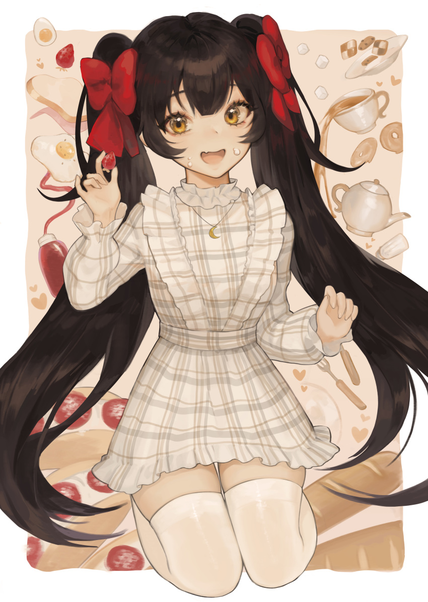 1girl :d absurdres black_hair border crescent_necklace cup dress fang food food_on_face fried_egg fruit girls_frontline hand_up highres holding holding_food holding_fruit jewelry long_hair long_sleeves looking_at_viewer necklace open_mouth oyabuli plaid plaid_dress qbz-97_(girls_frontline) short_dress skin_fang smile solo strawberry teacup teapot thigh-highs toast twintails white_border white_dress white_legwear yellow_eyes
