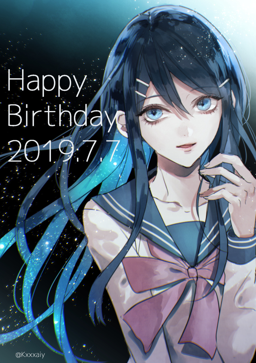 1girl artist_name bangs blue_eyes blue_hair collarbone commentary_request dangan_ronpa dangan_ronpa_1 dated eyebrows_visible_through_hair hair_between_eyes hair_ornament hairclip hand_up happy_birthday highres long_hair long_sleeves looking_at_viewer maizono_sayaka open_mouth sakuyu school_uniform serafuku shirt smile solo