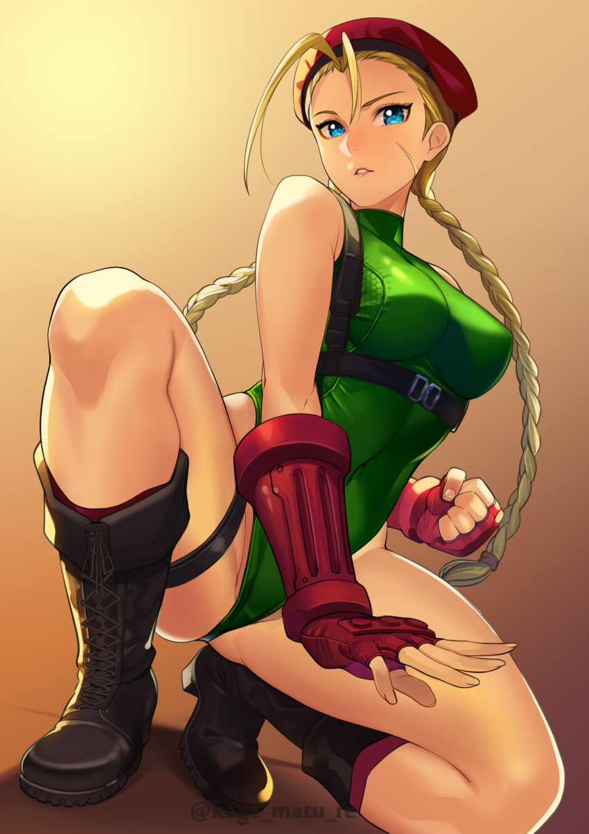 1girl absurdres ahoge bangs bare_shoulders beret blonde_hair blue_eyes boots braid breasts cammy_white elbow_gloves fingerless_gloves garrison_cap gloves green_leotard hat highleg highleg_leotard highres kagematsuri large_breasts leotard long_hair looking_at_viewer parted_lips red_gloves red_headwear ribbed_leotard scar smile squatting street_fighter twin_braids very_long_hair