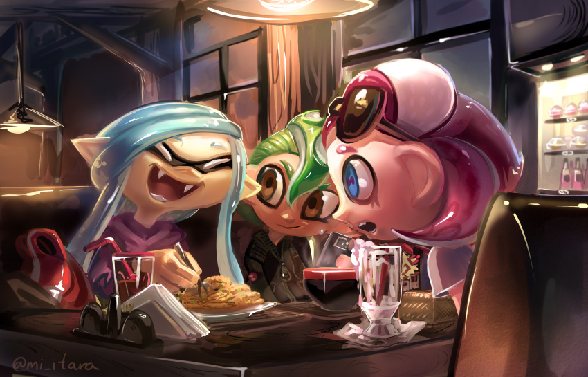 3girls absurdres artist_name bangs black-framed_eyewear black_jacket blue_eyes blue_hair bottle bowl brown_eyes cafe cellphone cephalopod_eyes closed_eyes cup cupcake domino_mask drink drinking_glass drinking_straw english_commentary eyewear_on_head fangs flat_chest food fork green_hair hand_up happy highres holding hood hoodie indoors inkling jacket long_hair looking_at_another looking_to_the_side mask miitara multiple_girls napkin night octoling open_mouth phone pink_hair plate pointy_ears purple_sweater shiny shiny_hair shirt short_sleeves signature smile splatoon_(series) sunglasses sweat sweater table tentacle_hair tentacles twintails twitter_username upper_body white_shirt window zipper_pull_tab