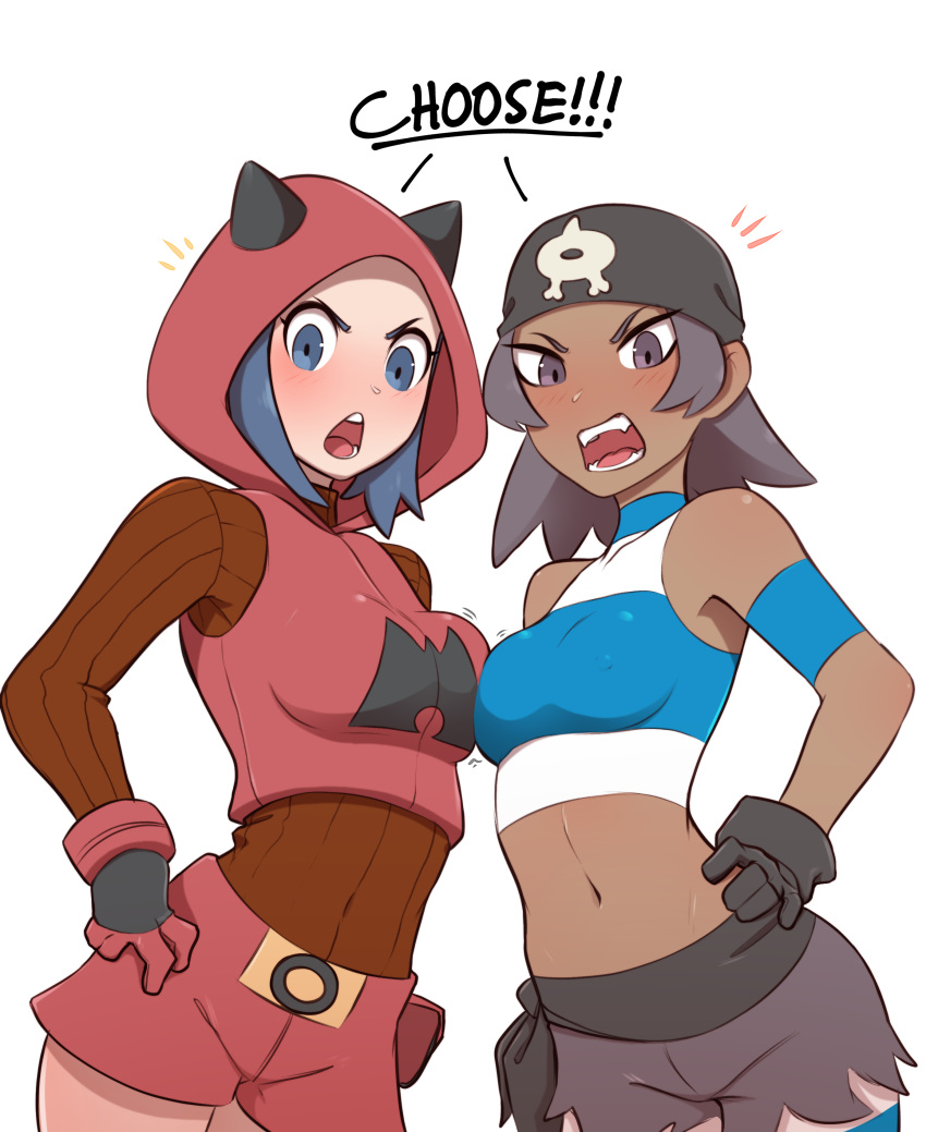 2girls absurdres bandana black_gloves blush breasts commentary dark_skin gloves grey_eyes grey_hair hand_on_hip highres hood hood_up multiple_girls navel open_mouth pokemon pokemon_(game) pokemon_oras pudgeruffian red_shorts short_hair shorts striped team_aqua team_aqua_grunt team_aqua_uniform team_magma team_magma_grunt team_magma_uniform teeth tongue uniform v-shaped_eyebrows white_background